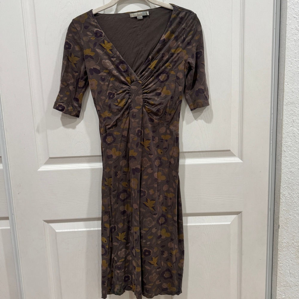 Boden UK 6 US 2 Brown Floral Print V Neck‎ Fitted Lyocell Dress